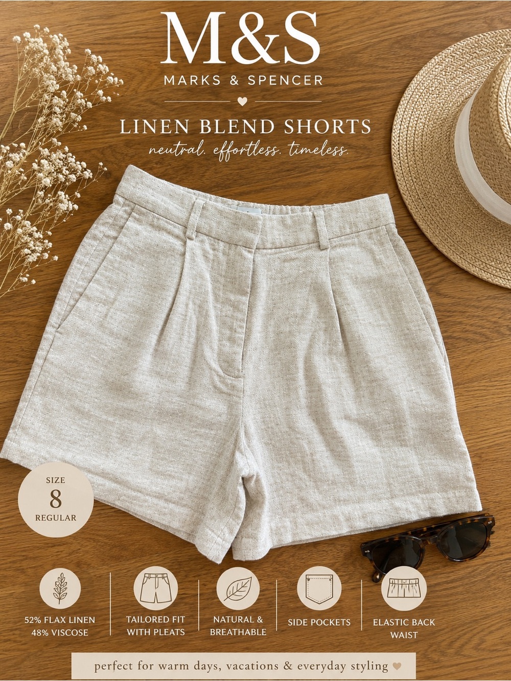 M&S Linen Blend Tailored Shorts | Flax Linen Neutral High Rise Summer Shorts